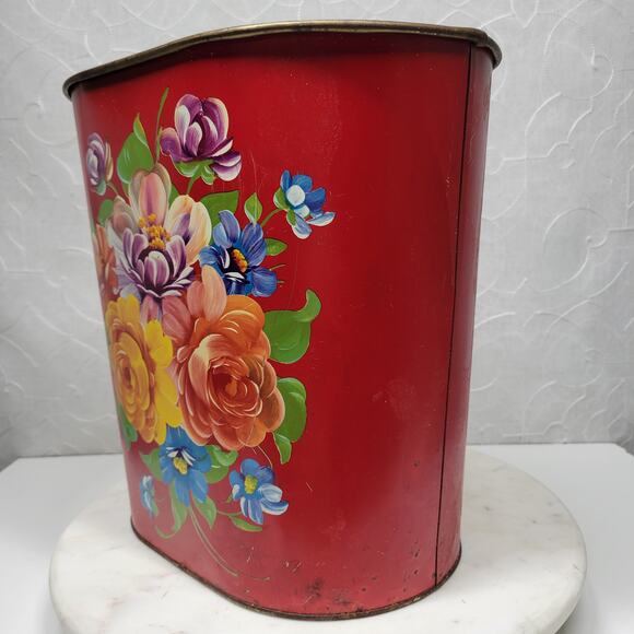 VTG Harvell Tolled Metal Trash Can 12" Red Floral Painted Oval MCM Wastebasket - Picture 14 of 16